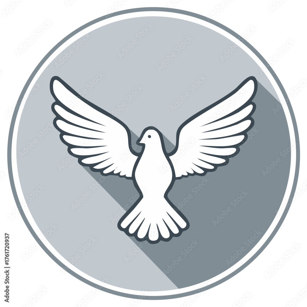 Obraz premium Symbolic flying dove icon with outstretched wings in circle design on gray backdrop
