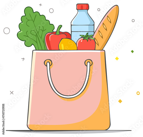 Grocery Bag Filled with Fresh Vegetables, Fruit, Water Bottle, and Baguette