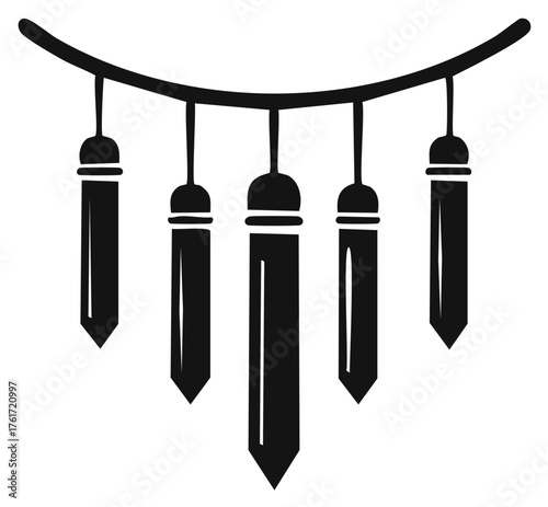 Hanging decorative garland with pointed tassels or amulets. Simple black and white silhouette icon for festive or spiritual design.