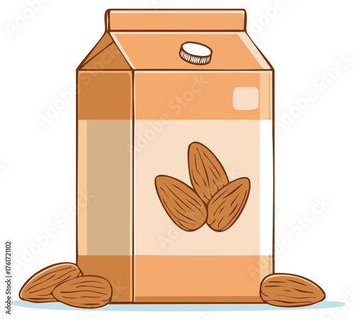 Almond milk carton with almonds isolated on white, healthy dairy-free beverage packaging