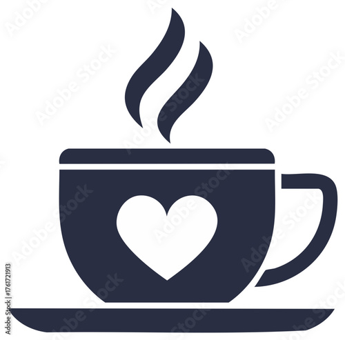Simple flat icon of a steaming hot coffee or tea cup with a heart symbol on a saucer