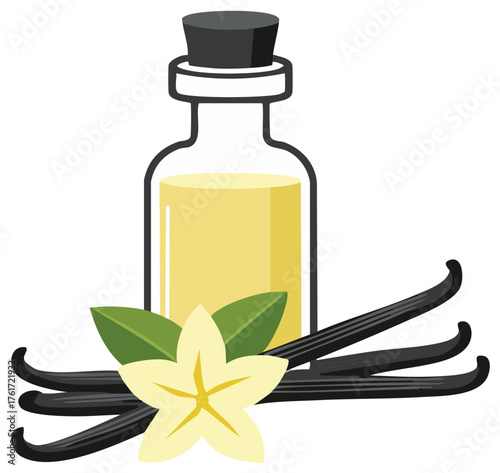 Vanilla Extract in a Bottle with Vanilla Bean Pods and Flower