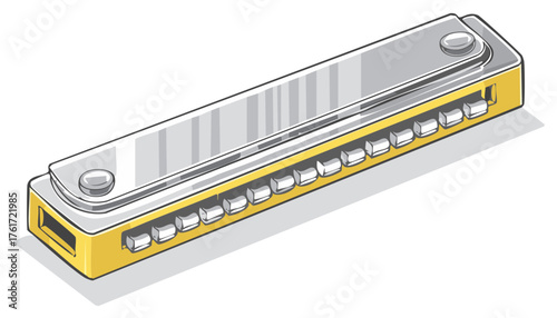 Harmonica illustration in yellow and gray colors on a white background