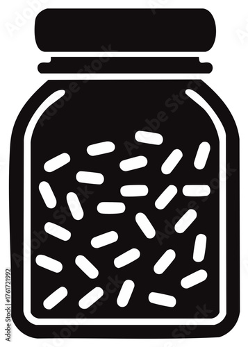 Simple black and white icon of a jar with sprinkles or pills