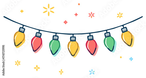 String of festive colored Christmas lights with stars and snowflakes holiday decoration