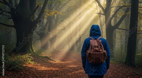 Traveler backpack adventure trail exploring forest path surrounded by morning mist