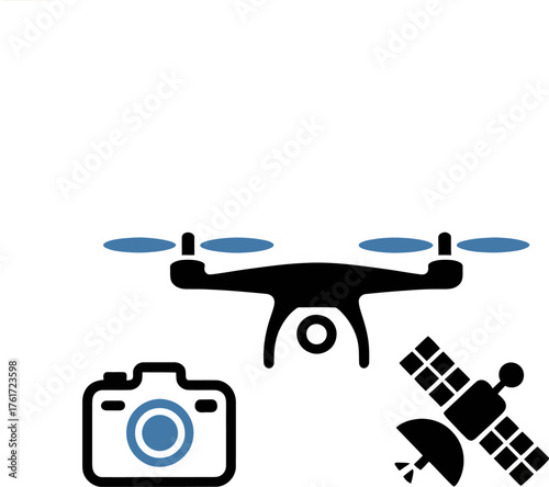 Drone photography icon set including camera and satellite simple flat vector design for aerial imagery and remote sensing applications on transparent background