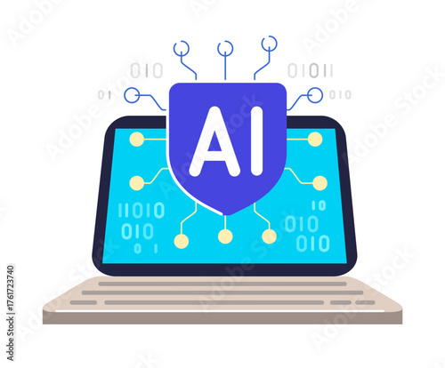 AI technology concept. Artificial intelligence assistant on laptop screen. CPU microchip. Vector illustration