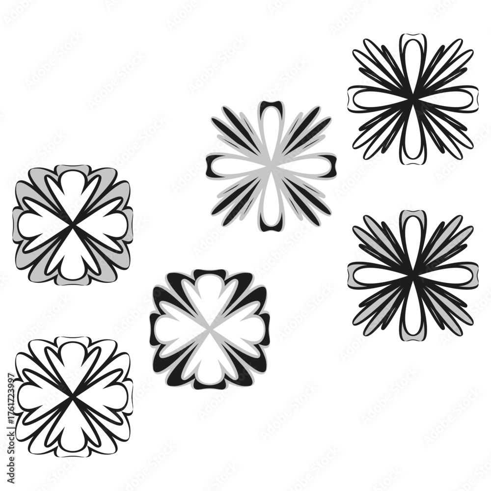 Fototapeta premium Floral burst elements. Four square shapes. Black white abstract pattern. Vector geometric motif