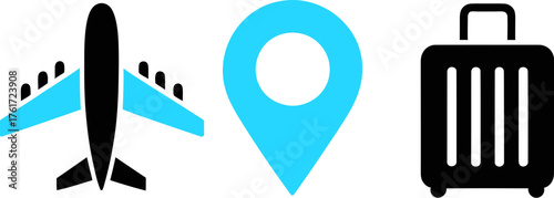 Travel icon set with airplane location pin and suitcase simple glyph vector illustration for tourism and vacation planning on transparent background