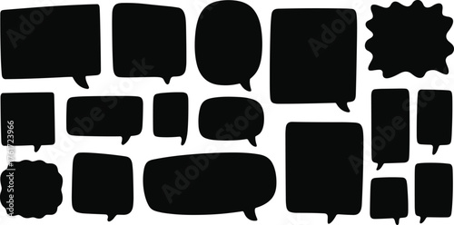 Blank black speech bubble set, comic dialogue balloons, empty chat message boxes for conversation design, communication and storytelling graphics