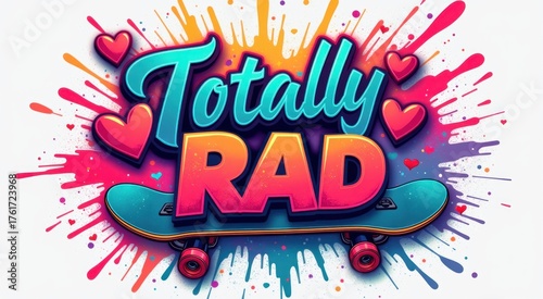 Skateboard with the words totally rad on it
