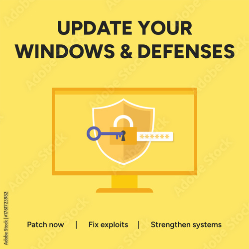 Vector art of update your windows and defenses to patch now, fix exploits, and strengthen systems for better protection against cyber threats and attacks