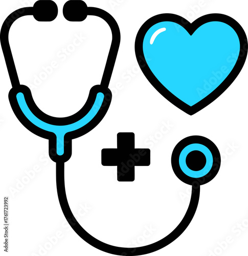Stethoscope with heart and plus sign flat vector illustration for healthcare and medical concepts on transparent background
