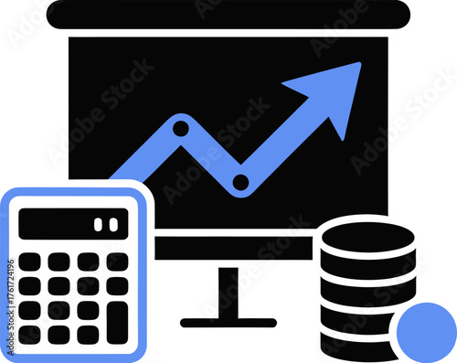 Financial growth vector icon showing an upward trend with calculator and coins illustration for business presentation and infographic on transparent background