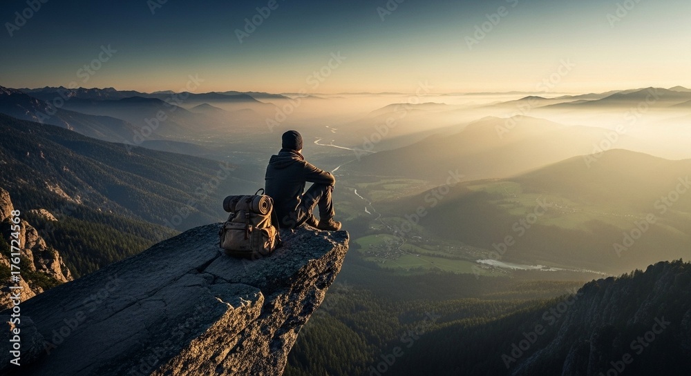 Fototapeta premium Traveler backpack adventure trail resting on rock overlooking valley landscape