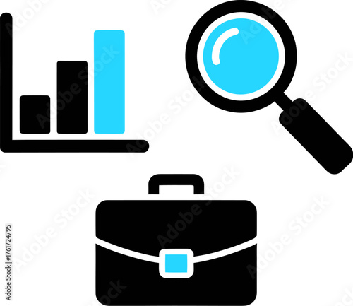 Business and finance icon set featuring a bar graph magnifying glass and briefcase in a flat vector style for web design and presentations on transparent background