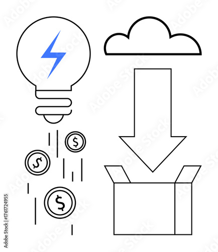 Lightbulb with lightning symbol, coins dropping, cloud, and box representing innovation, revenue, cloud computing, online storage, data transfer e-commerce efficiency. Ideal for simple flat