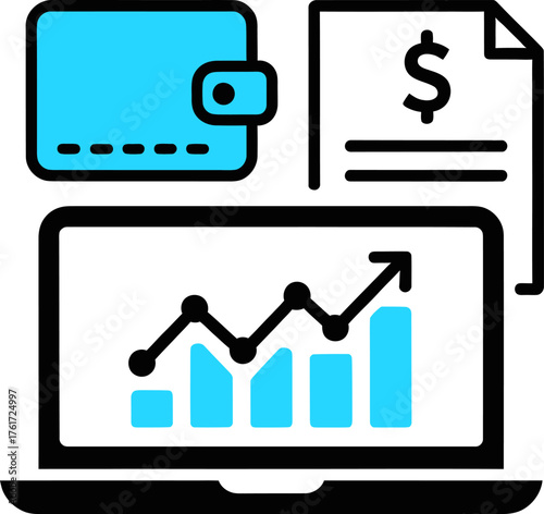 Financial planning vector illustration showing a laptop with a growing graph wallet and invoice perfect for business and investment concepts on transparent background