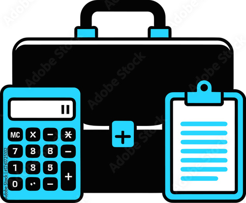 Black briefcase with calculator and clipboard vector illustration for accounting and finance on transparent background