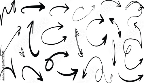Hand-drawn curved arrows collection, doodle sketch direction elements, swirl pointer symbols for highlights, presentation, notes, and design projects