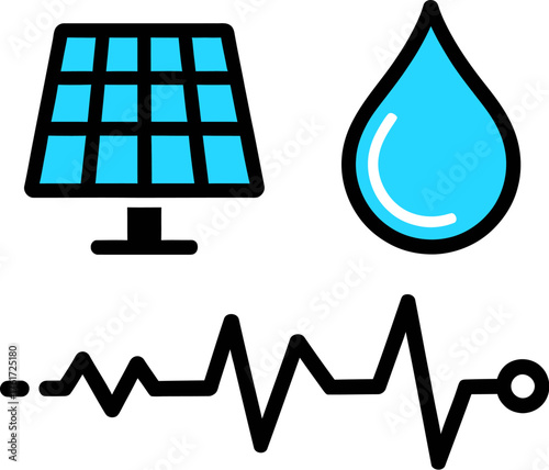 Set of renewable energy icons including solar panel water drop and waveform simple vector glyphs for sustainable technology and environmental concepts isolated on white on transparent background