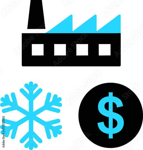 Set of industrial and financial icons climate change and economic impact simple vector glyph for web design and infographics on transparent background