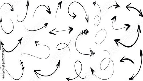 Hand-drawn curved arrows set, sketch direction symbols, swirl doodle pointers for notes, infographic, presentation, and creative graphic design projects