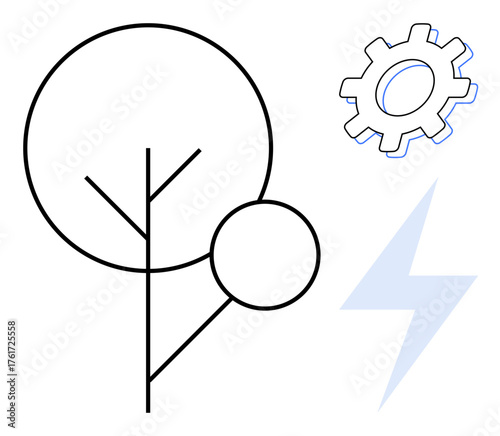 Minimalist line-based tree, cogwheel, and lightning bolt combine to symbolize sustainability, innovation, and power efficiency. Ideal for technology, ecology, energy, environment sustainability