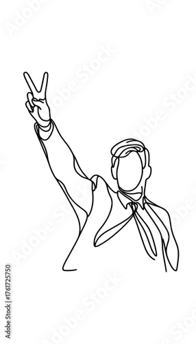 Person making victory gesture single line drawing vector illustration on transparent background for HR, social impact, branding, or emotional design concepts