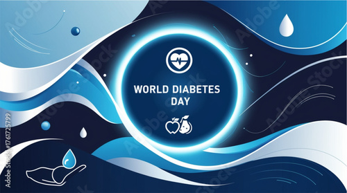 "World Diabetes Day" along with a heart icon (representing health and care) and fruit icons (apple and pear, representing healthy diet). A stylized hand catches a blood drop, symbolizing monitoring 