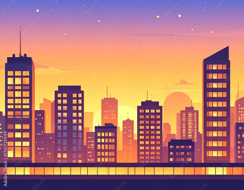 Naklejka premium Beautiful vector illustration of a modern city skyline at sunset, with skyscrapers silhouetted against a vivid gradient sky, capturing urban tranquility and architectural beauty