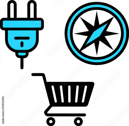 Set of shopping compass and plug icons simple vector design element for web and mobile apps on transparent background