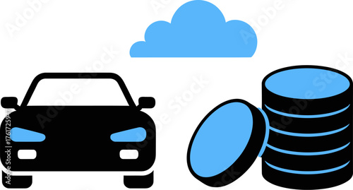 Car icon with cloud and coin stack vector illustration in flat style representing car insurance or financial savings on transparent background
