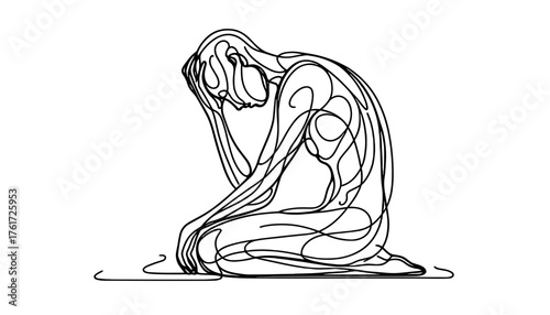 Minimal continuous line drawing of overwhelmed person — emotional mental health concept, isolated on transparent background. Perfect for HR, social impact, branding, or emotional design concepts.