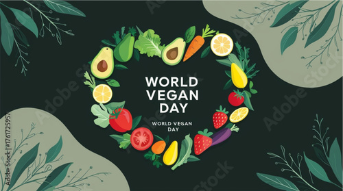 This image is a cheerful and vibrant flat lay celebrating World Vegan Day. It features a variety of fresh, colorful vegetables and fruits artfully arranged on a white background. Prominently displayed