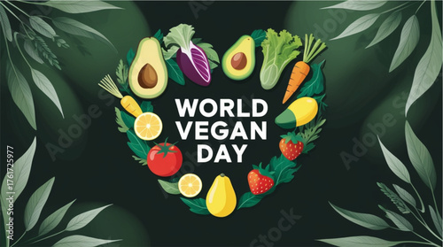 This image is a cheerful and vibrant flat lay celebrating World Vegan Day. It features a variety of fresh, colorful vegetables and fruits artfully arranged on a white background. Prominently displayed