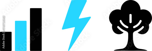 Set of energy and nature icons including a bar graph lightning bolt and tree simple flat vector design elements for web and mobile apps on transparent background