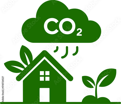 Green house with CO2 cloud and plant vector illustration for environmental protection on transparent background