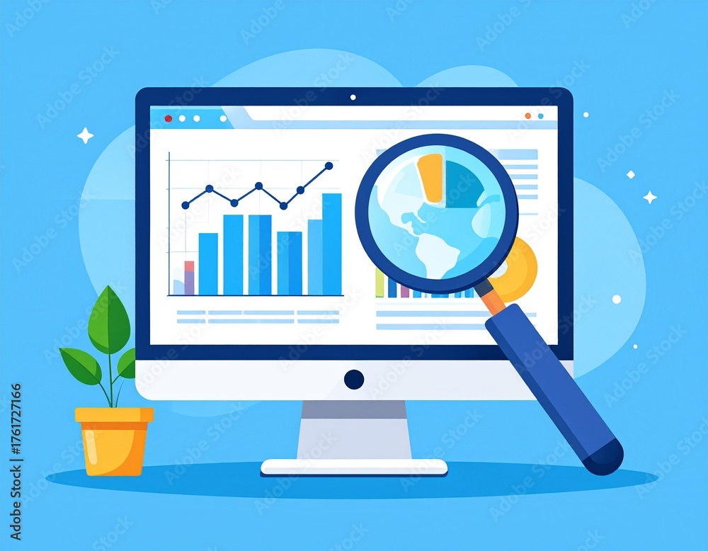 Fototapeta premium Flat vector illustration of a computer screen displaying an SEO analytics dashboard with graphs and charts for business market research and strategy