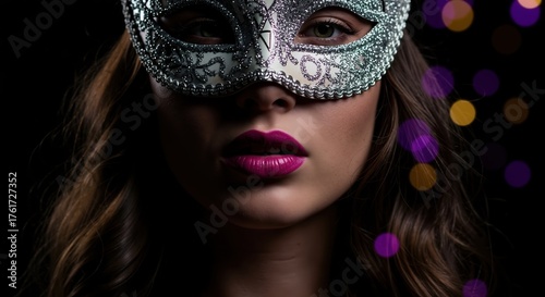 A mysterious woman wearing an elegant silver glitter masquerade mask. Close-up portrait with magenta lips for a Christmas or New Year's Eve party