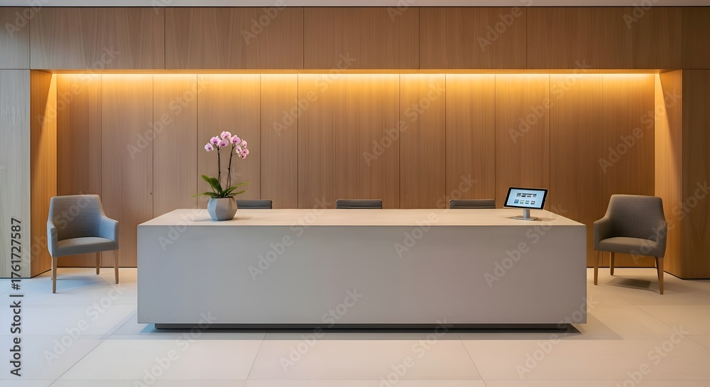 Fototapeta premium A centered minimalist reception desk area with soft lighting