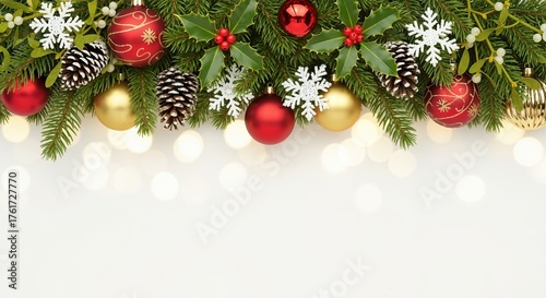 Christmas border with fir branches, red and gold baubles, holly, and pinecones. Festive holiday background with bokeh lights and copy space for a greeting card or banner
