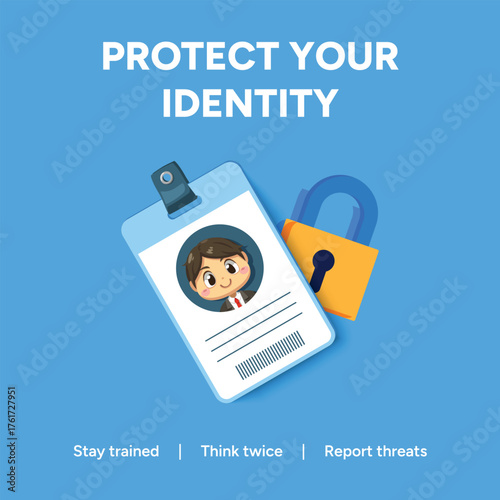 Vector art of protect your identity, stay trained, think twice, report threats, cyber security awareness, personal data protection, online safety