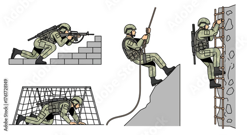 Vector collection of a soldier engaged in various military training exercises like rappelling, climbing, and obstacle course drills