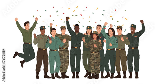 A joyful and diverse group of military soldiers in uniform celebrating their success together under falling confetti