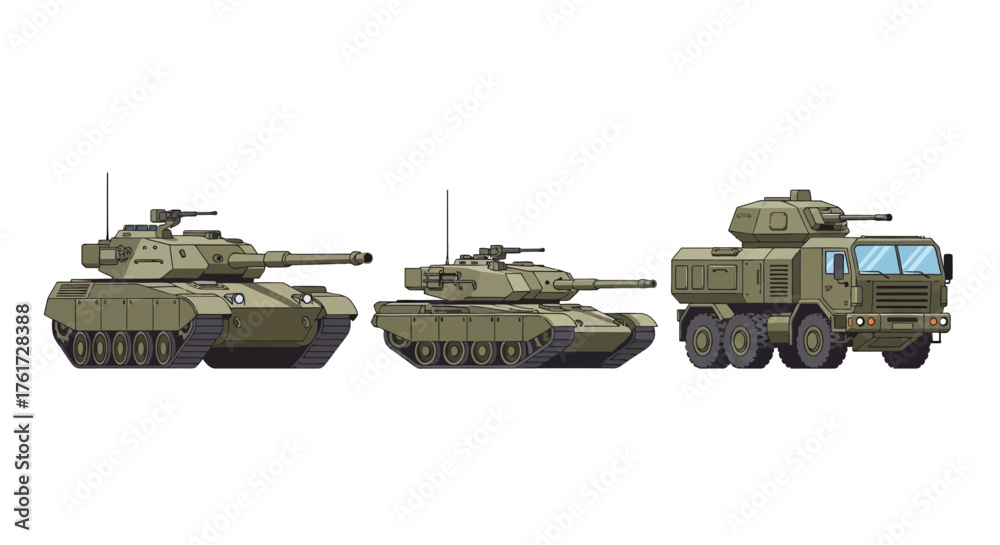 Naklejka premium Military armored vehicles, including tanks and artillery, depicted in a simple, modern pixel art style on a white background