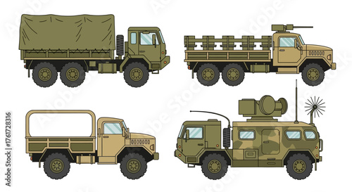 Diverse Military Vehicle Set Illustration of Armored Trucks, Transport Vehicles, and Military Machinery
