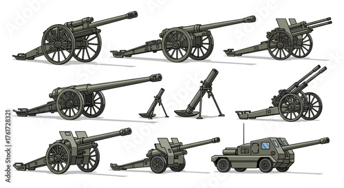 Collection of various artillery pieces, including cannons, howitzers, and mortars, displayed on a white background