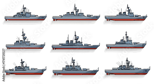 Nine illustrations of Battleships in a Row